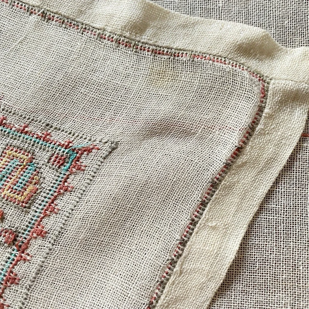Vintage Handwoven Linen Embroidered Tablecloth Square 34x34